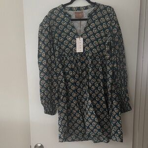 Clara The Label Teal Floral Block Print Long-Sleeve V-Neck Dress